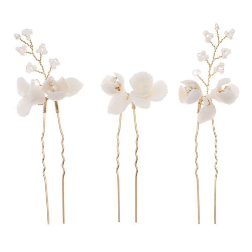 Hair Stick, Brass, with Porcelain, fashion jewelry & for woman, golden, 3PCs/Bag, Sold By Bag