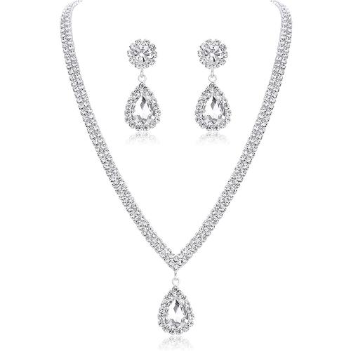 Rhinestone Jewelry Sets earring & necklace with 18cm extender chain 2 pieces & fashion jewelry & for woman Length Approx 27.3 cm Sold By Set