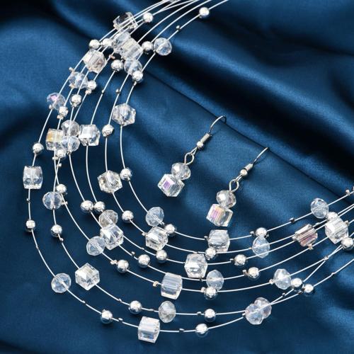 Crystal Jewelry Sets, collar & earring, Tiger Tail Wire, with Crystal, 2 pieces & fashion jewelry & for woman, earring 33*8mm, Length:Approx 44 cm, Sold By Set