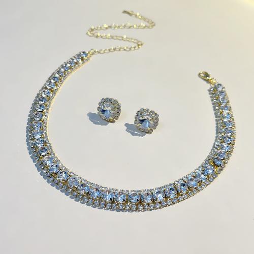 Rhinestone Jewelry Sets, Stud Earring & necklace, with 18cm extender chain, 2 pieces & fashion jewelry & for woman, more colors for choice, earring 15mm, Length:Approx 30 cm, Sold By Set