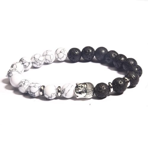 Gemstone Bracelets, Lava, with Howlite & Tibetan Style, Buddha, fashion jewelry & Unisex, white and black, beads:8mm, Length:Approx 19-19.5 cm, Sold By PC
