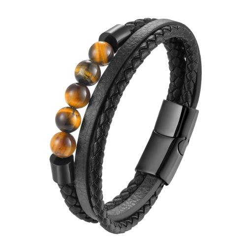 PU Leather Cord Bracelets with Tiger Eye & 304 Stainless Steel Vacuum Ion Plating vintage & for man black Length 21 cm Sold By PC