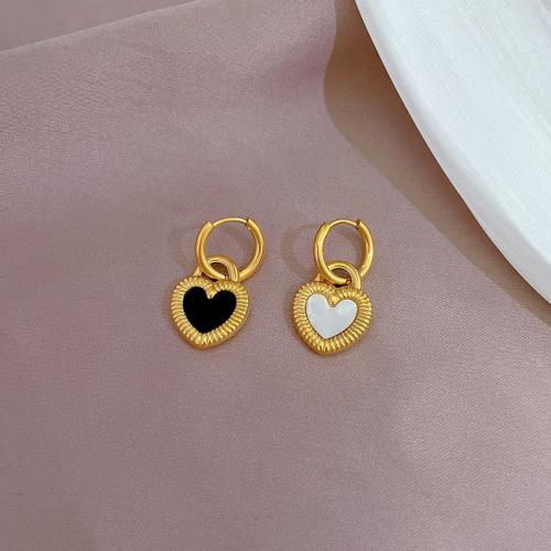 Huggie Hoop Drop Earring 304 Stainless Steel with Shell Heart Vacuum Ion Plating fashion jewelry & for woman Sold By Pair
