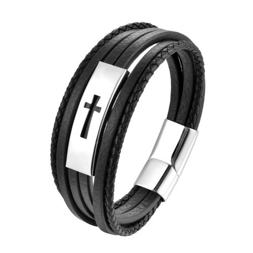 PU Leather Cord Bracelets, with 304 Stainless Steel, vintage & for man, black, Length:21 cm, Sold By PC