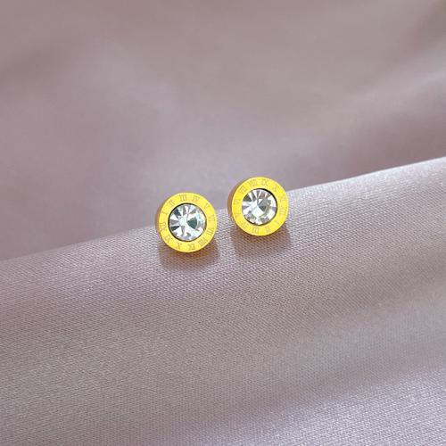Stainless Steel Stud Earrings 304 Stainless Steel with Cubic Zirconia Flat Round Vacuum Ion Plating fashion jewelry & for woman 8mm Sold By Pair