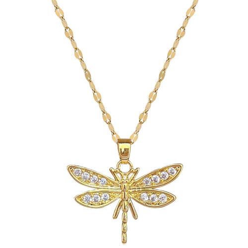 Stainless Steel Jewelry Necklace, 304 Stainless Steel Chain, with Brass, with 5cm extender chain, Dragonfly, gold color plated, fashion jewelry & micro pave cubic zirconia & for woman, 24x22mm, Length:40 cm, Sold By PC