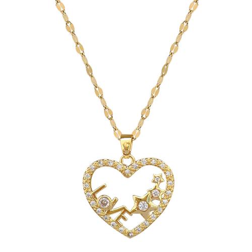 Stainless Steel Jewelry Necklace, 304 Stainless Steel Chain, with Brass, with 5cm extender chain, Heart, gold color plated, fashion jewelry & micro pave cubic zirconia & for woman, 22x25mm, Length:40 cm, Sold By PC