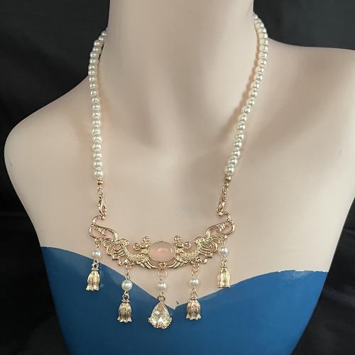 Zinc Alloy Jewelry Necklace with Resin & Plastic Pearl gold color plated for woman & with rhinestone nickel lead & cadmium free Length 50 cm Sold By PC