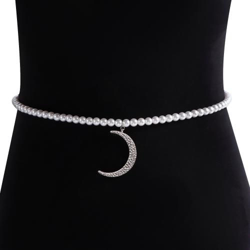 Körperschmuck-Kette, Zinklegierung, mit Kunststoff Perlen, Mond, silberfarben plattiert, für Frau, weiß, frei von Nickel, Blei & Kadmium, verkauft von PC