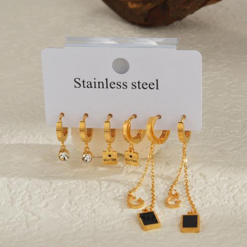 Stainless Steel Drop Earring 304 Stainless Steel plated fashion jewelry & with rhinestone golden Sold By Set