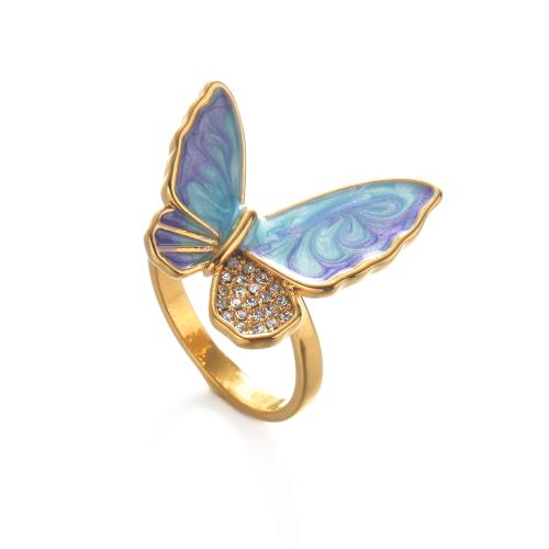 Rhinestone-Edelstahl -Finger-Ring, 304 Edelstahl, Schmetterling, plattiert, Modeschmuck & Emaille & mit Strass, goldfarben, verkauft von PC