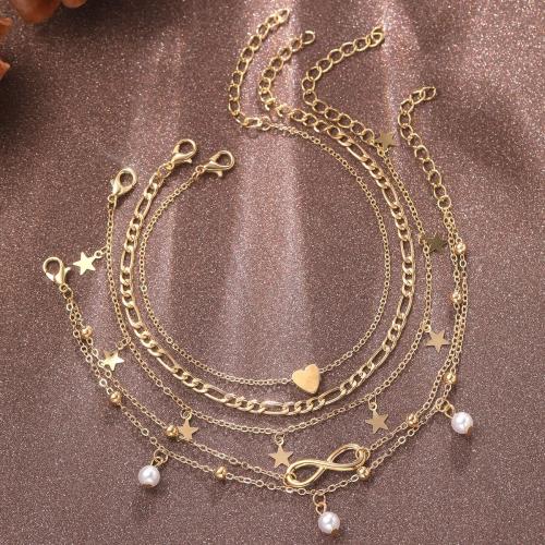 Bracelet de cheville en alliage de zinc, avec perle de plastique, 5 pièces & bijoux de mode & pour femme, Or, Vendu par fixé