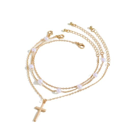 Bracelet de cheville en alliage de zinc, avec perle de plastique, trois pièces & bijoux de mode & pour femme, Or, Vendu par fixé