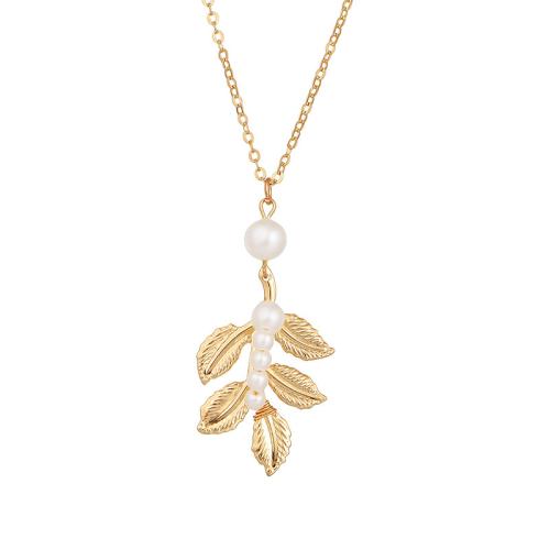Iron Halskæder, Jern, med Plastic Pearl, med 5cm extender kæde, Leaf, mode smykker & for kvinde, guld, Længde 45 cm, Solgt af PC