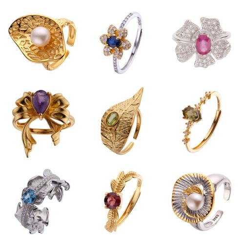 Cubic Zirconia Micro Pave 925 Sterling Silver Rings, with Gemstone & Freshwater Pearl, different materials for choice & different styles for choice & micro pave cubic zirconia & for woman, more colors for choice, US Ring Size:14, Sold By PC