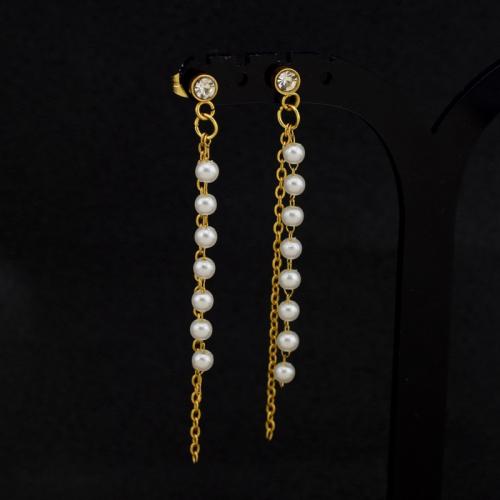 Fashion Fringe Earrings, 304 Stainless Steel, with Plastic Pearl, polished, fashion jewelry & for woman & with rhinestone, golden, 60mm, Sold By Pair