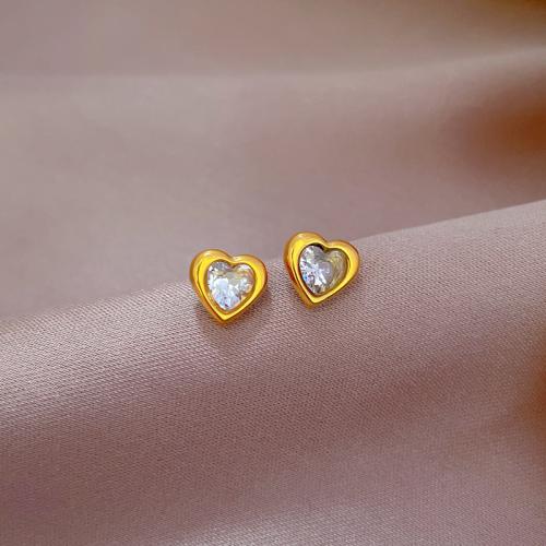 Stainless Steel Stud Earrings, 304 Stainless Steel, with Cubic Zirconia, Heart, Vacuum Ion Plating, fashion jewelry & for woman, more colors for choice, 8x8mm, Sold By Pair