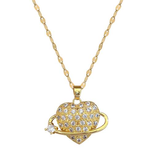 Stainless Steel Jewelry Necklace, 304 Stainless Steel Chain, with Brass, with 5cm extender chain, Heart, gold color plated, fashion jewelry & micro pave cubic zirconia & for woman, 23x22mm, Length:40 cm, Sold By PC