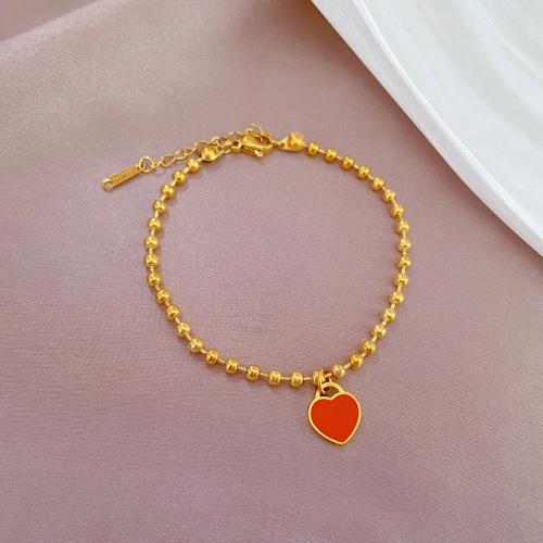 Stainless Steel Jewelry Bracelet, 304 Stainless Steel, with 3cm extender chain, Heart, Vacuum Ion Plating, fashion jewelry & for woman & enamel, golden, Length:17 cm, Sold By PC