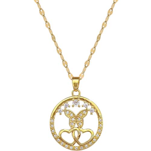 Stainless Steel Jewelry Necklace, 304 Stainless Steel Chain, with Brass, with 5cm extender chain, Butterfly, gold color plated, fashion jewelry & micro pave cubic zirconia & for woman, 20x28mm, Length:40 cm, Sold By PC