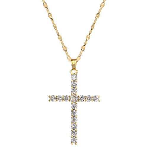 Stainless Steel Jewelry Necklace, 304 Stainless Steel, with 5cm extender chain, Cross, Vacuum Ion Plating, fashion jewelry & micro pave cubic zirconia & for woman, golden, 25x41mm, Length:40 cm, Sold By PC