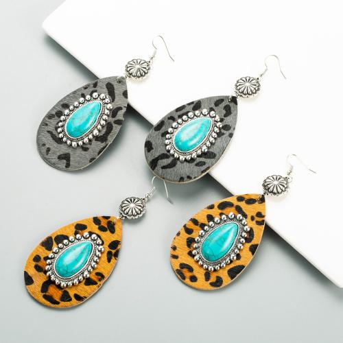 Tibetan Style Drop Earrings, with turquoise & PU Leather, plated, fashion jewelry, more colors for choice, nickel, lead & cadmium free, 45x110mm, Sold By Pair