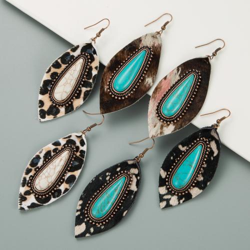 Zinc Alloy Drop Earrings with turquoise & PU Leather plated fashion jewelry nickel lead & cadmium free Sold By Pair