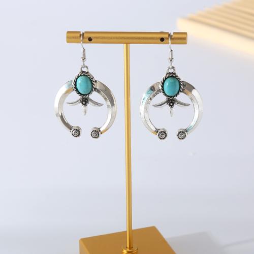 Tibetan Style Drop Earrings, with turquoise, plated, fashion jewelry, silver color, nickel, lead & cadmium free, 31x57mm, Sold By Pair