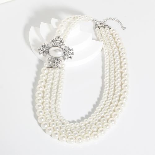 Plastic Pearl Necklace with 2.76 Inch extender chain fashion jewelry & multilayer & for woman & with rhinestone white Length 20.87 Inch Sold By PC