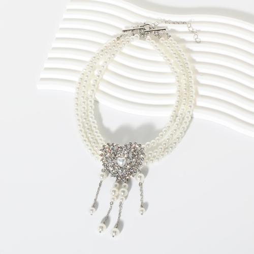 Collier de perles en plastique, perle de plastique, avec 2.76 Inch chaînes de rallonge, bijoux de mode & multicouche & pour femme & avec strass, blanc, Longueur:14.96 pouce, Vendu par PC