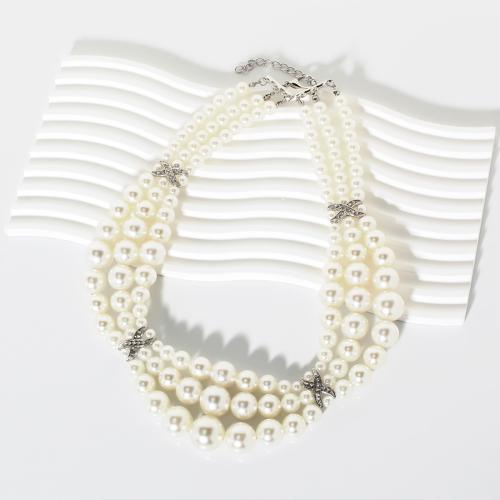 Collier de perles en plastique, perle de plastique, avec 2.76 Inch chaînes de rallonge, bijoux de mode & multicouche & pour femme & avec strass, blanc, Longueur:18.5 pouce, Vendu par PC