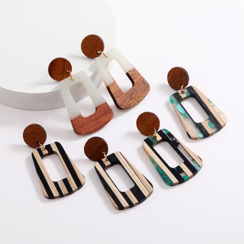 Wood Earring, with Resin, Trapezium, different designs for choice & for woman & hollow, 55x27mm, Sold By Pair