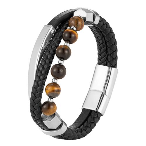 Bijoux bracelet en acier inoxydable, acier inoxydable 316L, avec cuir PU & oeil de tigre, poli, pour homme, couleurs mélangées, Longueur:21 cm, Vendu par PC