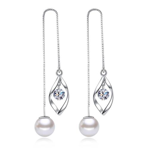 925 Sterling Silver Thread Through Earrings with Freshwater Pearl Geometrical Pattern platinum plated for woman & with cubic zirconia & hollow 113mm Sold By Pair