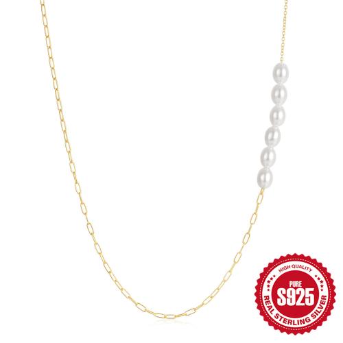 925 Sterling Silver Necklace, with Plastic Pearl, with 1.968inch extender chain, gold color plated, Korean style & for woman, Length:Approx 15.74 Inch, Sold By PC
