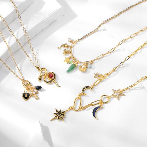 Ожерелья из латуни, Латунь, плакированный настоящим золотом, ювелирные изделия моды & разные стили для выбора & Женский & со стразами, Золотой, длина:Приблизительно 45 см, продается PC