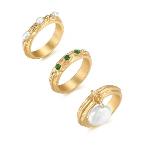 Juego de anillos de aleación de zinc, con Perlas de plástico ABS, tres piezas & Joyería & diverso tamaño para la opción & para mujer & con diamantes de imitación, dorado, Vendido por Set