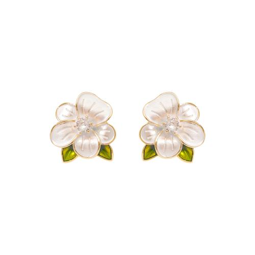 Boucles d'oreilles en laiton zircon cubique pavent, fleur, bijoux de mode & pavé de micro zircon & pour femme & émail, blanc, 19x18mm, Vendu par paire