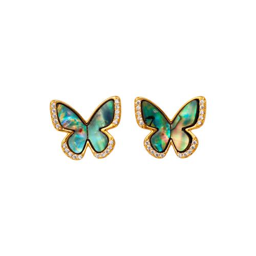 Cubic Zirconia Micro Pave Brass Earring, with Abalone Shell, Butterfly, fashion jewelry & micro pave cubic zirconia & for woman, more colors for choice, 18x20mm, Sold By Pair