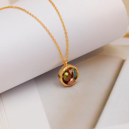 Brass Necklace, with Freshwater Pearl, 18K gold plated, fashion jewelry & for woman & enamel, golden, Length:Approx 49.5 cm, Sold By PC