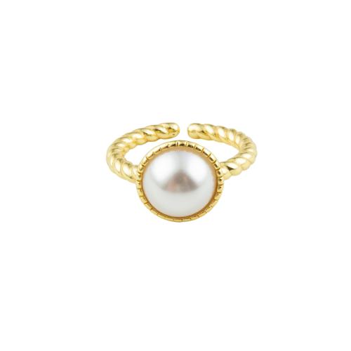 Brass Finger Ring, with Plastic Pearl, high quality gold color plated, fashion jewelry & for woman, 26x22x12mm, Inner Diameter:Approx 17mm, Sold By PC