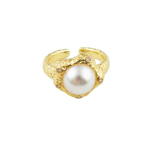 Ring Finger mosiądz, ze Perła plastikowa, wysokiej jakości chromowana w kolorze złotym, biżuteria moda & dla kobiety, 26x22x15mm, średnica wewnętrzna:około 17mm, sprzedane przez PC