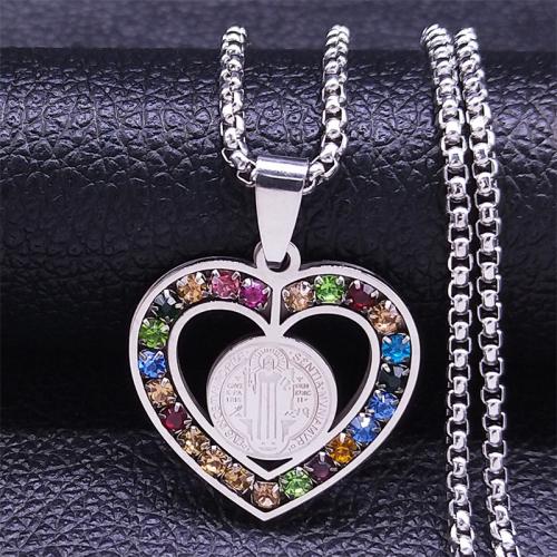 Stainless Steel Jewelry Necklace 304 Stainless Steel Heart fashion jewelry & Unisex & with rhinestone Length Approx 60 cm Sold By PC