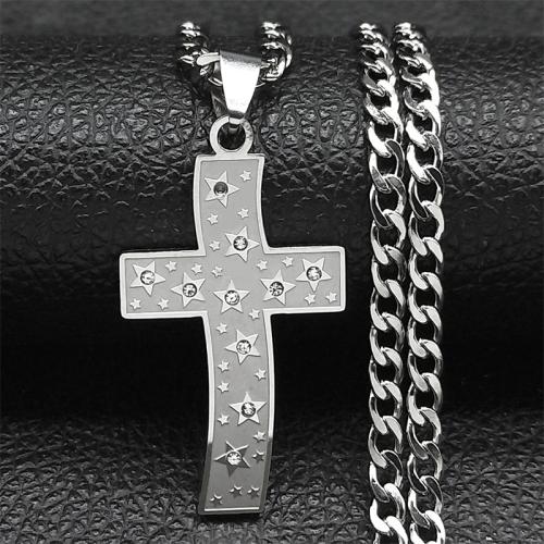 Edelstahl Schmuck Halskette, 304 Edelstahl, Kreuz, Modeschmuck & unisex & mit Strass, keine, 35x22mm, Länge ca. 60 cm, verkauft von PC