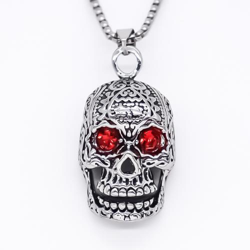 Tibetan Style Jewelry Necklace, Skull, polished, fashion jewelry & Unisex & with rhinestone, silver color, 43x23mm, Length:Approx 70 cm, Sold By PC