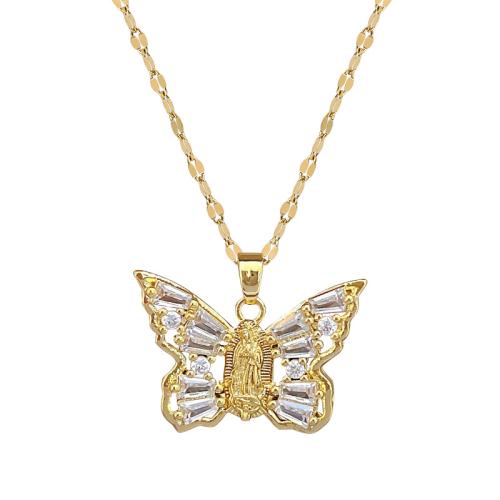 Stainless Steel Jewelry Necklace 304 Stainless Steel Chain with Brass with 5cm extender chain Butterfly gold color plated fashion jewelry & micro pave cubic zirconia & for woman Length 40 cm Sold By PC