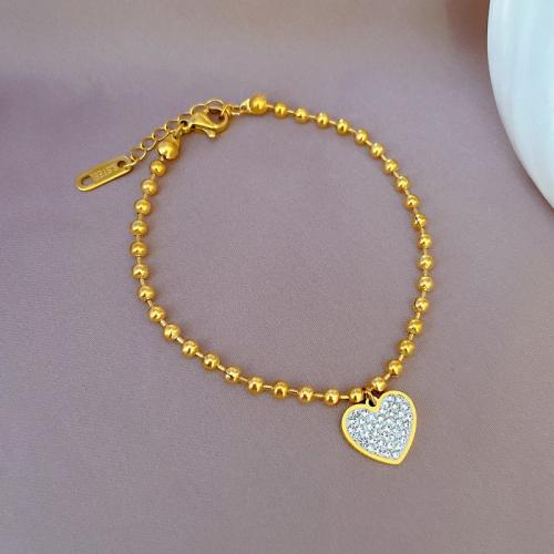Stainless Steel Jewelry Bracelet 304 Stainless Steel with 3cm extender chain Heart Vacuum Ion Plating fashion jewelry & for woman & with rhinestone Length 17 cm Sold By PC
