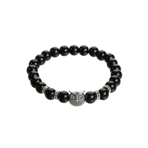 Pulsera de perlas de vidrio, con aleación de zinc, Búho, Joyería & unisexo, Negro, beads:8mm, longitud aproximado 19-19.5 cm, Vendido por UD