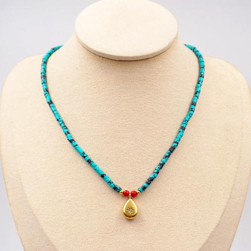 Titanium Steel Necklace with turquoise with 6cm extender chain plated fashion jewelry blue Length 39 cm Sold By PC