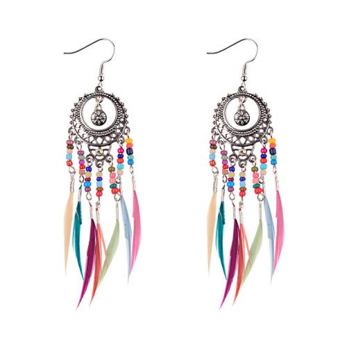 Fashion Feather Earring Zinc Alloy with Seedbead & Feather handmade folk style & for woman 110mm Sold By Pair